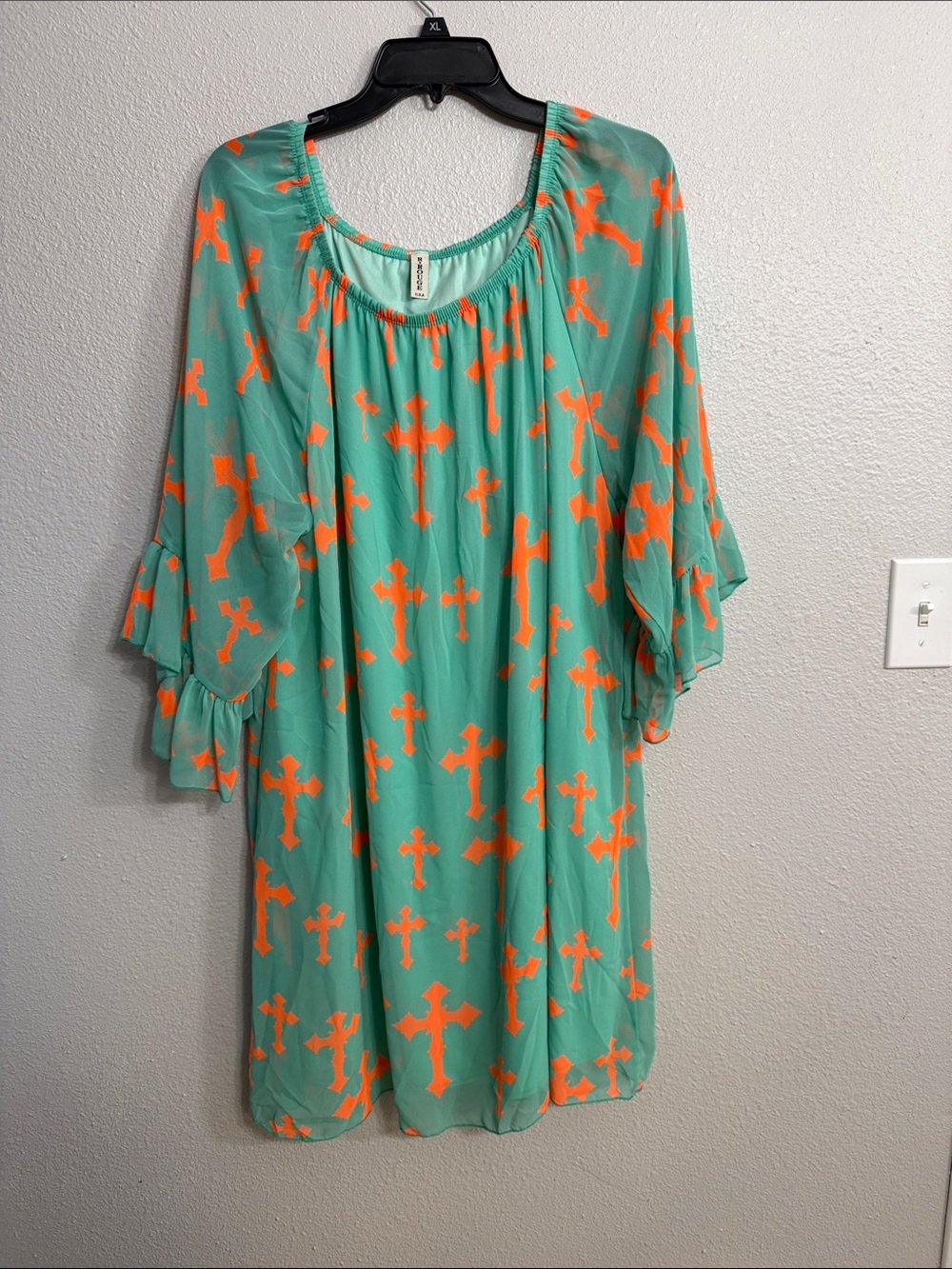 Rouge! Teal Mini Dress with Neon Orange Cross Pattern